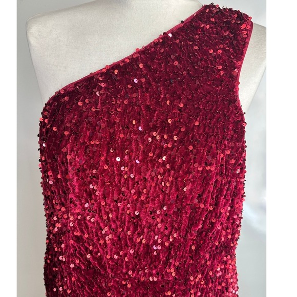 Shein Curve One Shoulder Sequin Gown Burgundy Formal Party High Slit 2XL Glam - Picture 5 of 10
